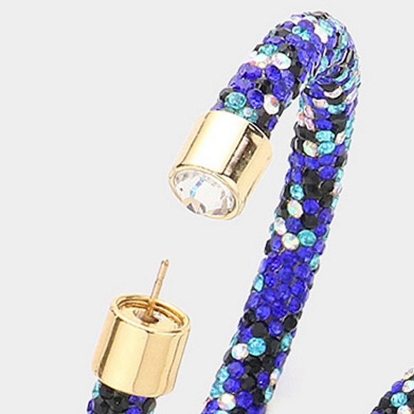 Blue Rhinestone Round Crystal Hoop Earrings Bling Fashion Jewelry Accessories - Picture 2 of 3